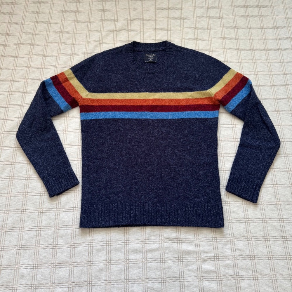 Abercrombie & Fitch Navy Wool Blend Retro Stripe Crewneck Sweater XS